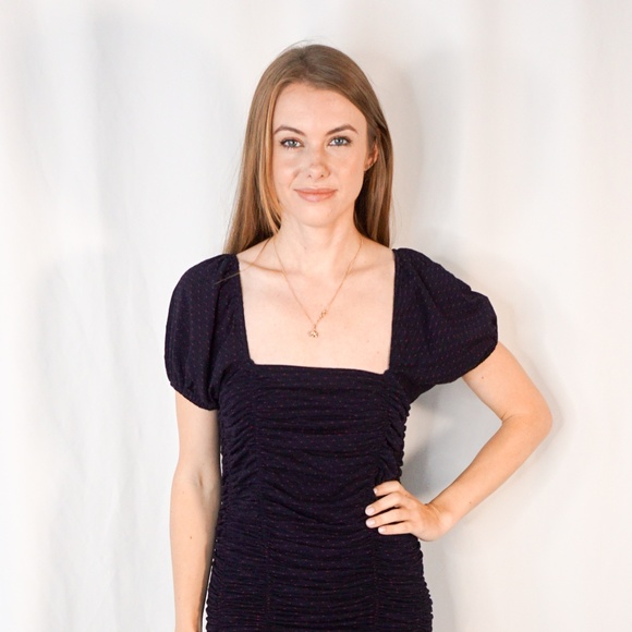 FREE PEOPLE Box Neck Smocked Mini Dress Blue - Picture 2 of 8